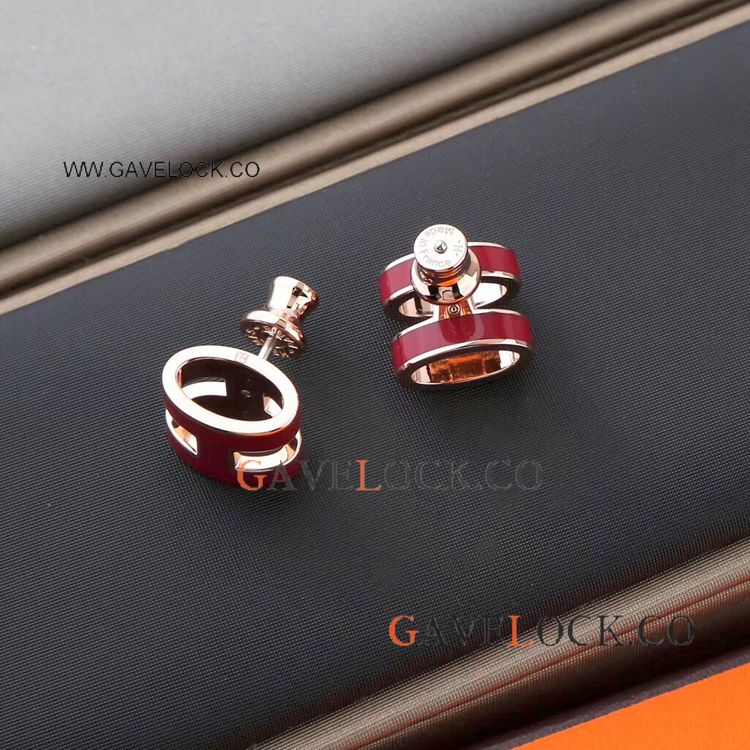 Fake Hermes Clic Clac H Earring Red Enamel and Rose Gold